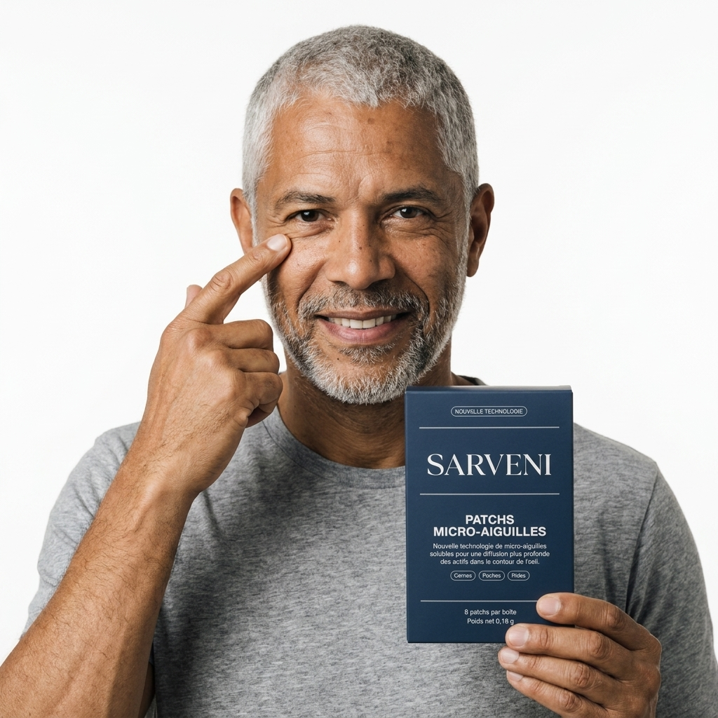 Homme présentant la boîte de patchs contour des yeux à micro-aiguilles Sarveni