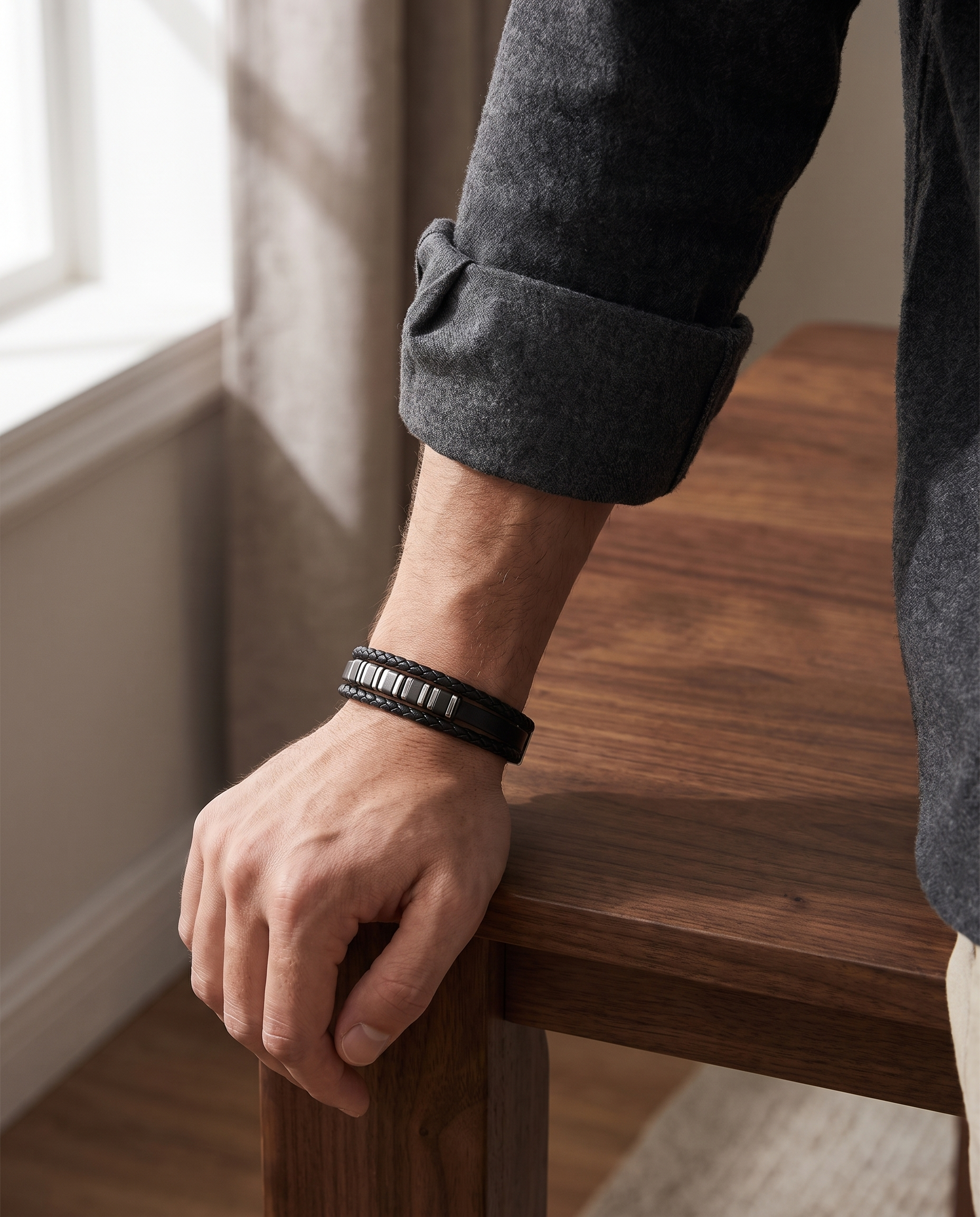 Man wearing the Sarveni Meridian leather bracelet on his wrist