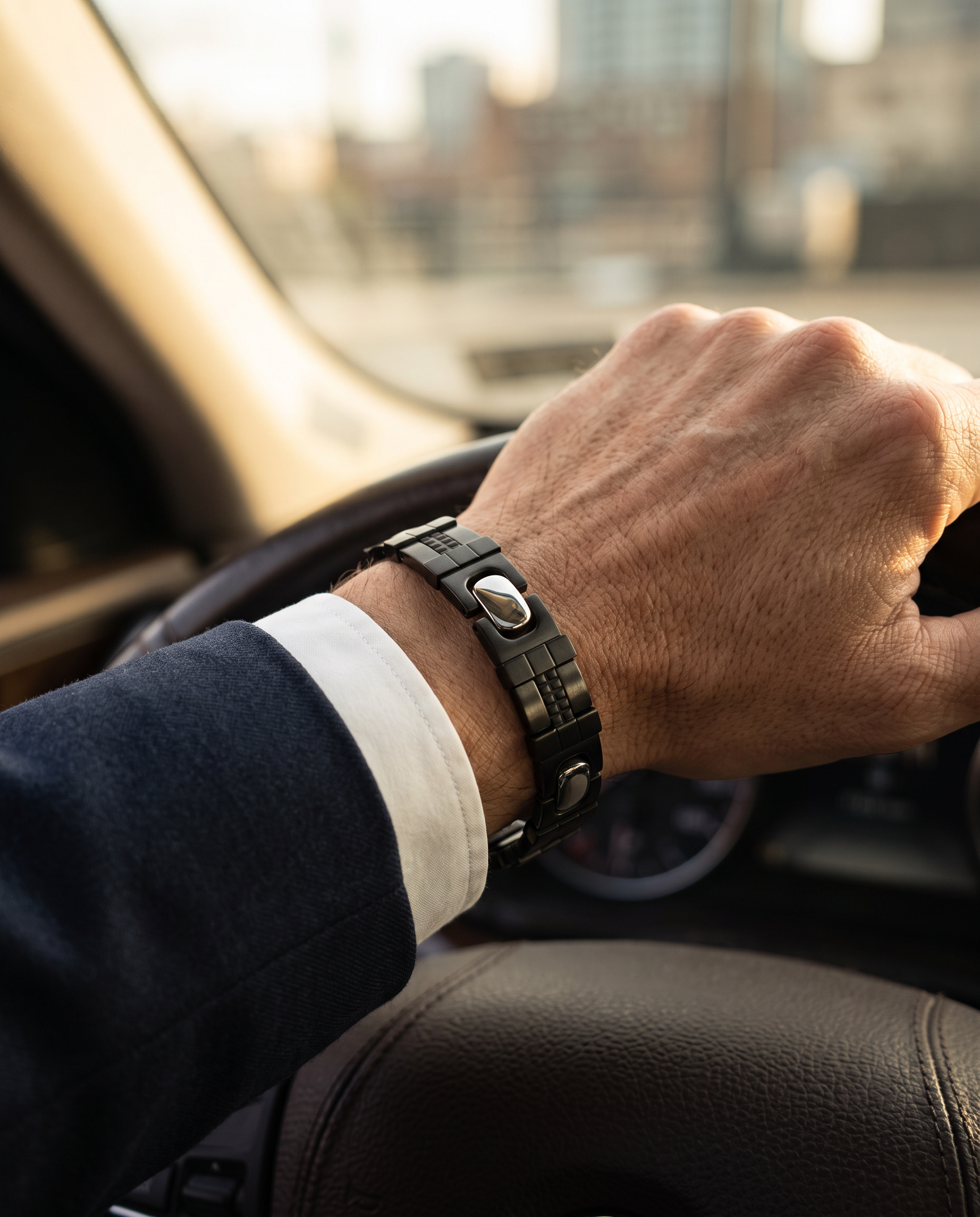 Man wearing the Sarveni Onyx Link steel bracelet