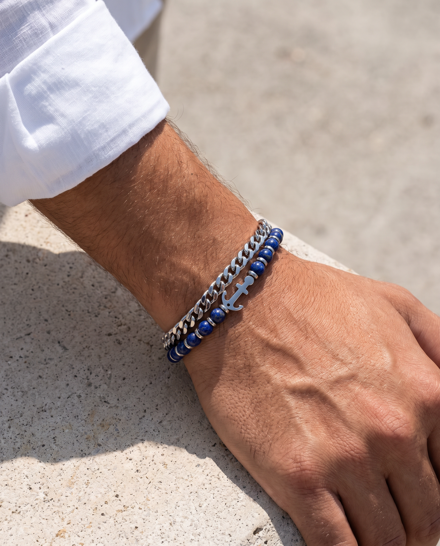 Man wearing the Sarveni Anchor double strand bracelet