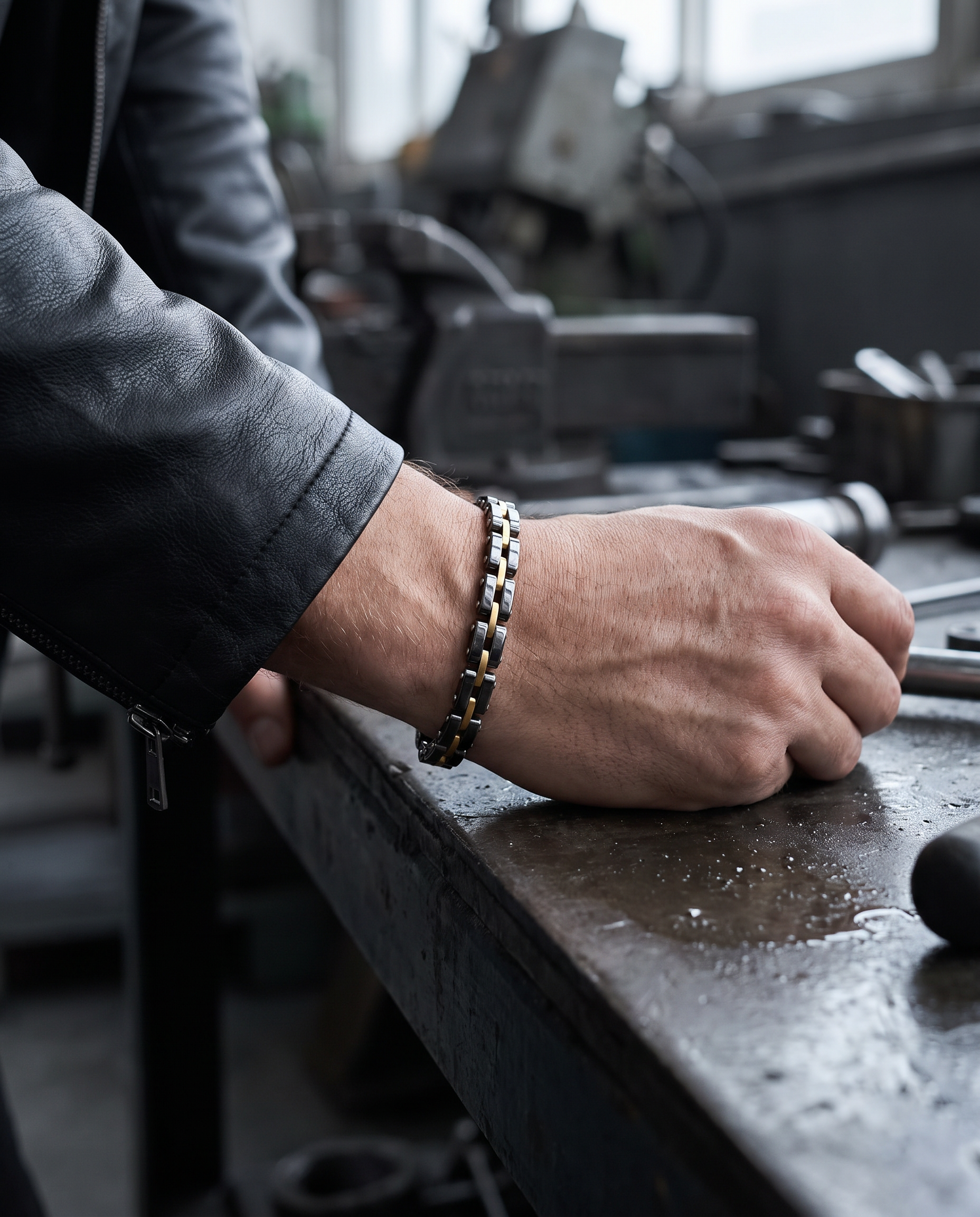 Man wearing the Sarveni Drivetrain gunmetal and gold bracelet
