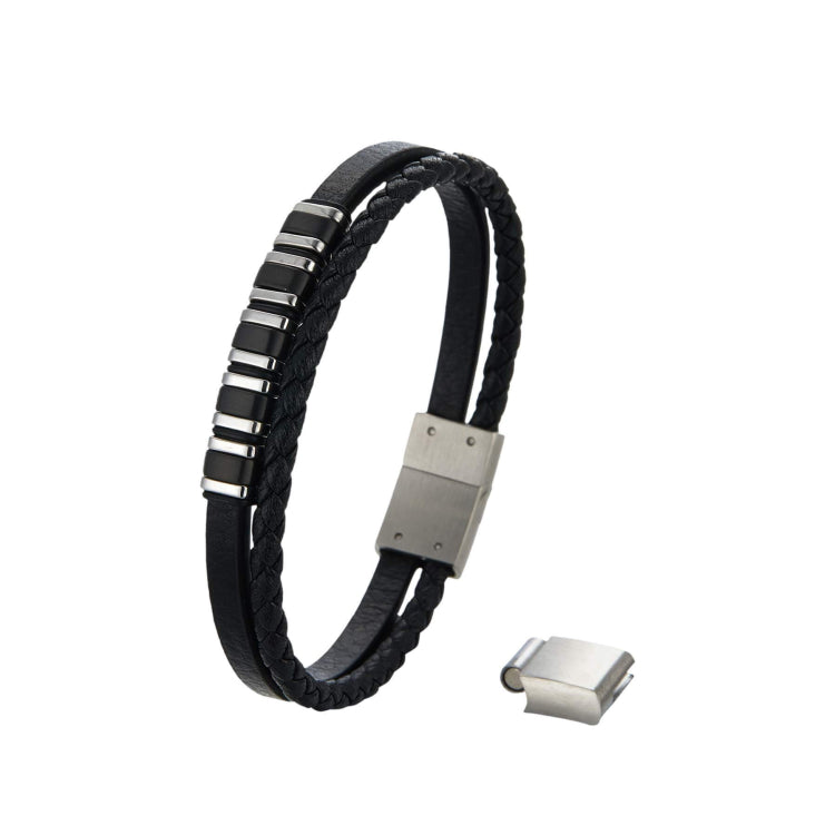 Sarveni Meridian black multi-strand leather bracelet with brushed steel centrepiece