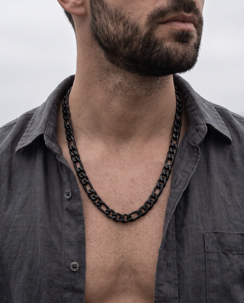 Corvus Chain - Matte Black Figaro worn around the neck