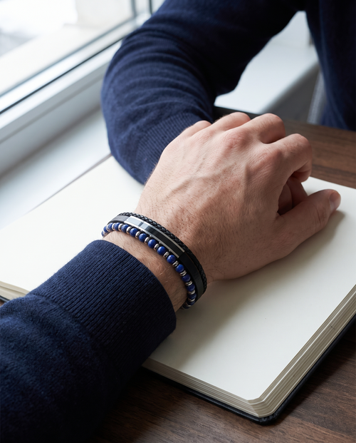 Azur Bracelet - Black Leather & Lapis Lazuli worn on the wrist
