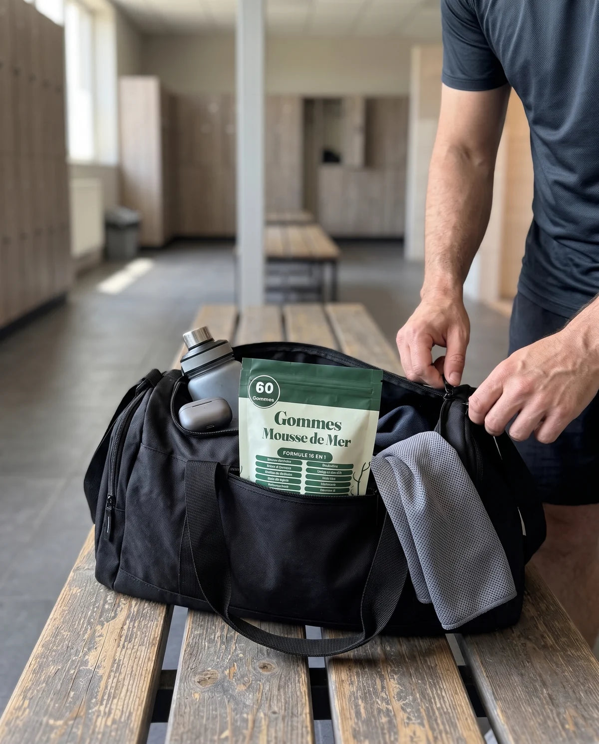Sachet de gommes Sarveni rangé dans un sac de sport, pour ne jamais oublier sa prise