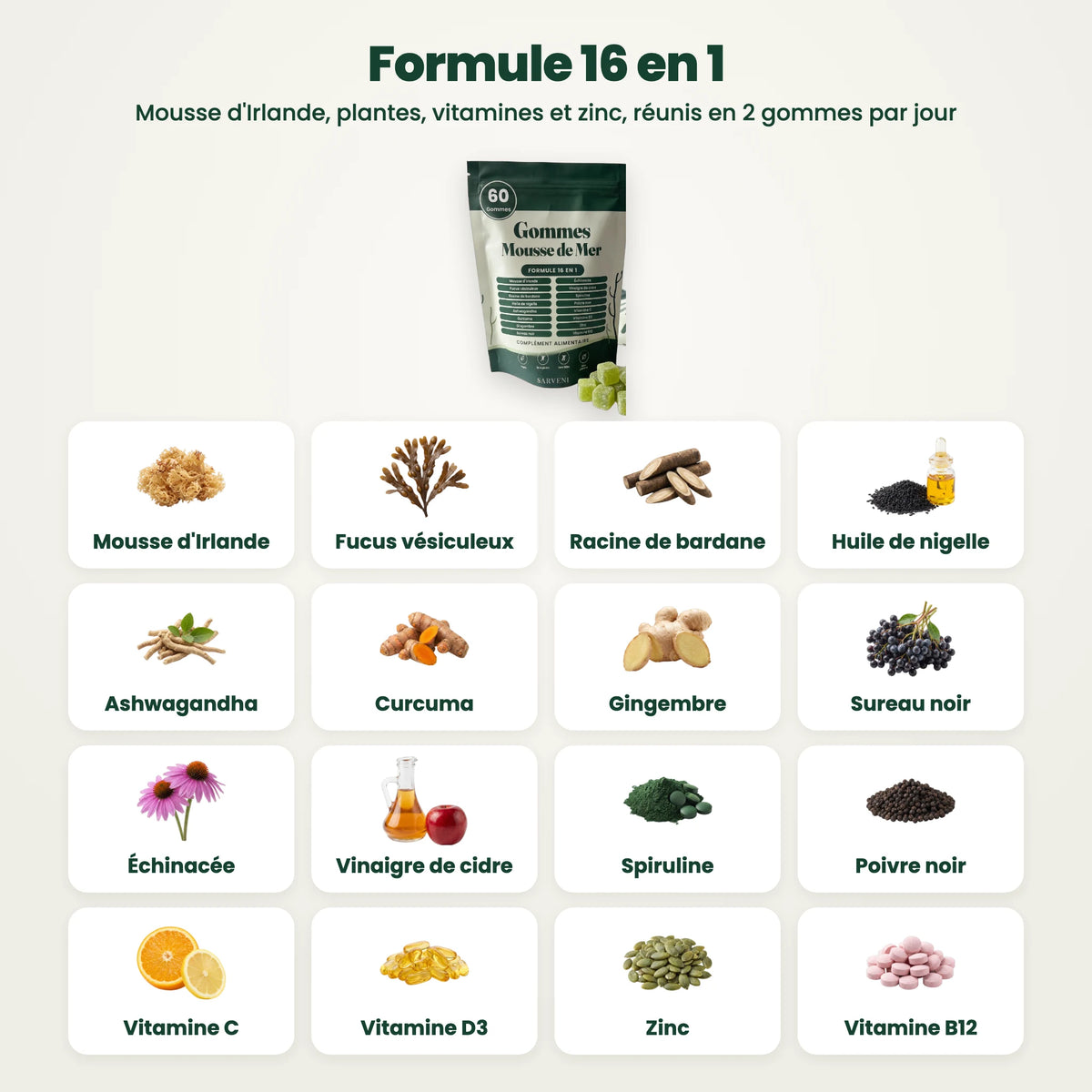 Formule 16 en 1 : les 16 actifs des Gommes Mousse de Mer Sarveni